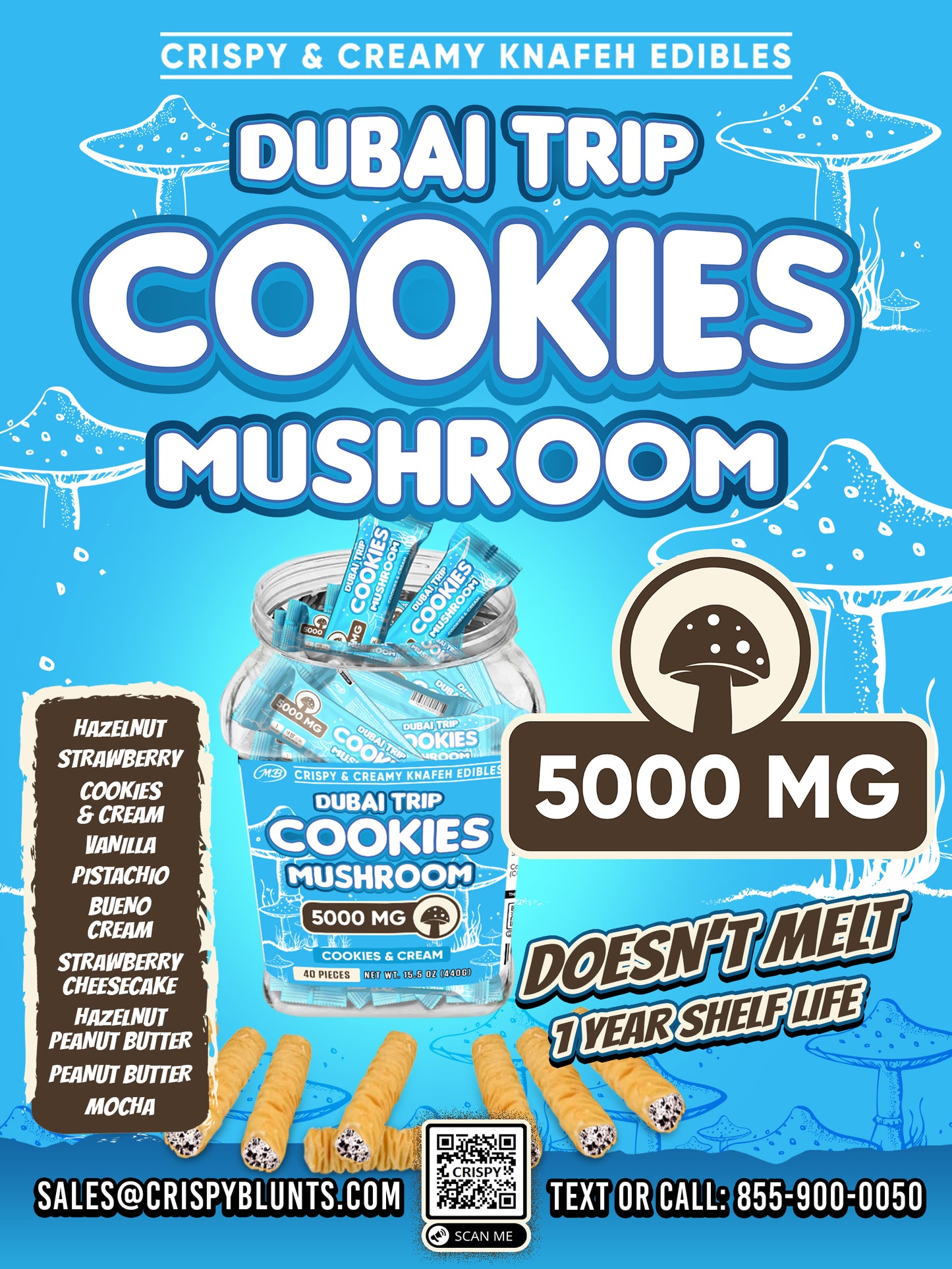 DUBAI COOKIES TRIP MUSHROOM 5000mg each with Cookies & Cream Crispy Blunts Cream Crispy Phyllo Dough