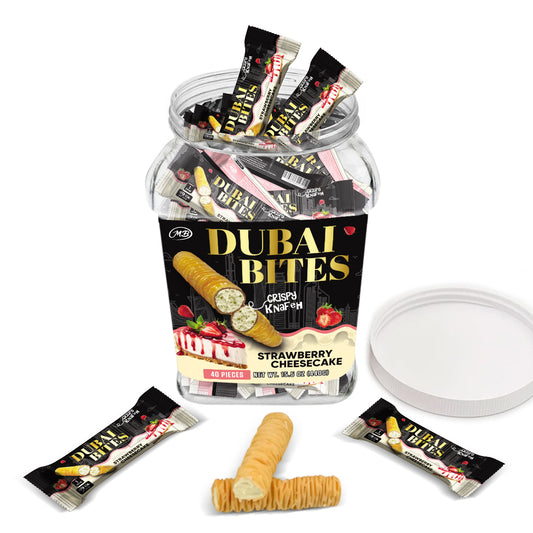 NON INFUSED DUBAI BITES MINIS with STRAWBERRY CHEESECAKE & CRISPY KATAIFI KHUNAFA