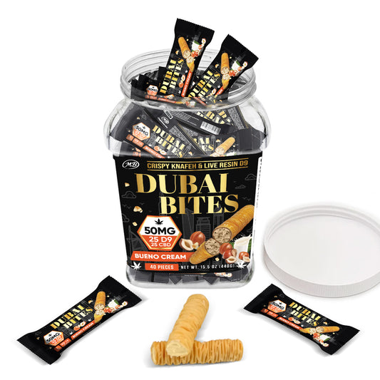 Dubai Bites 50MG D9 25MG & CBD 25MG minis each with Bueno Cream & Crispy