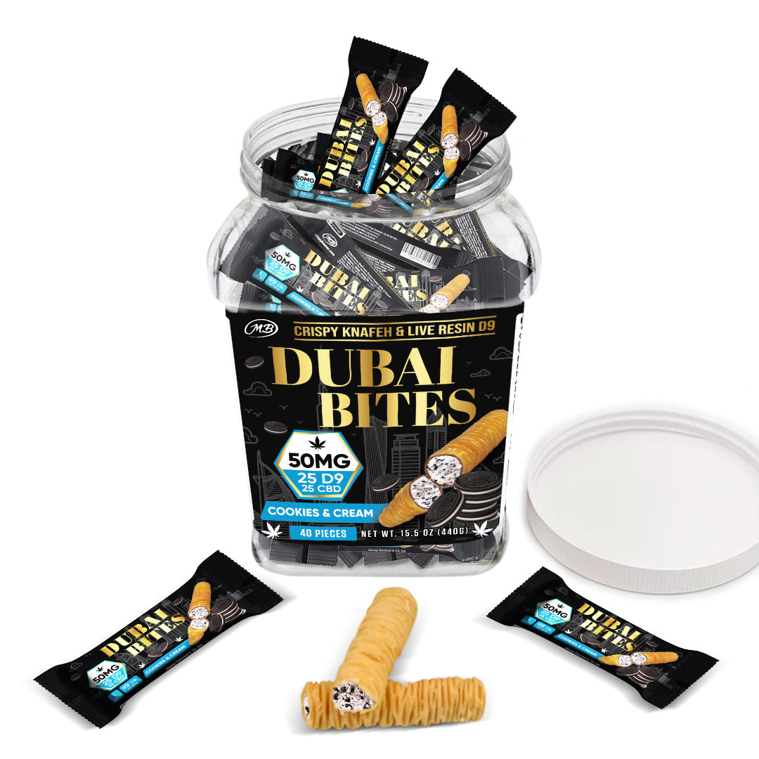 Dubai Bites 50MG D9 25MG & CBD 25MG minis each with Cookies & Cream