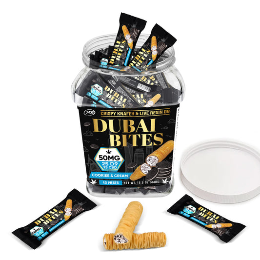 Dubai Bites 50MG D9 25MG & CBD 25MG minis each with Cookies & Cream