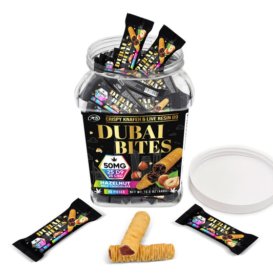 Dubai Bites 50MG D9 25MG & CBD 25MG minis each with Hazelnut Chocolate Cream & Crispy