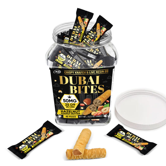 Dubai Bites 50MG D9 25MG & CBD 25MG minis each with Hazelnut Chocolate Peanut Butter Crispy Blunts Cream & Crispy
