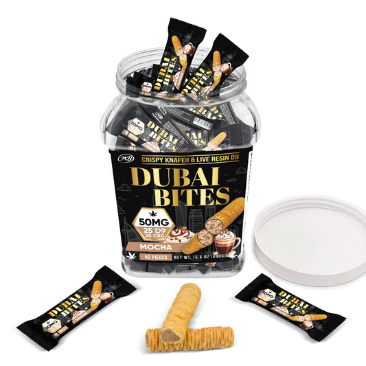Dubai Bites 50MG D9 25MG & CBD 25MG minis each with Mocha Cream & Crispy