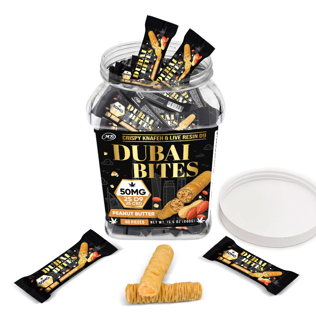 Dubai Bites 50MG D9 25MG & CBD 25MG minis each with Peanut Butter Cream & Crispy