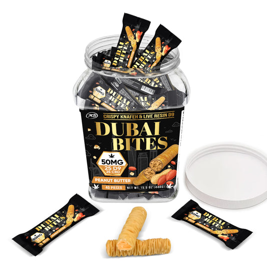 Dubai Bites 50MG D9 25MG & CBD 25MG minis each with Peanut Butter Cream & Crispy