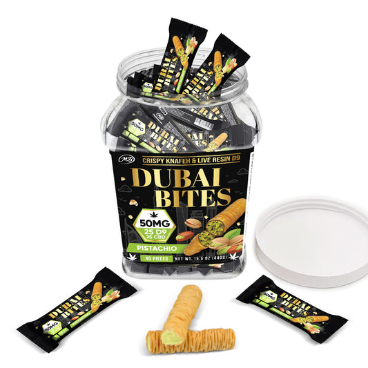 Dubai Bites 50MG D9 25MG & CBD 25MG minis each with Pistachio Cream & Crispy