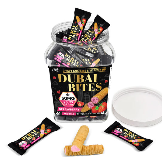 Dubai Bites 50MG D9 25MG & CBD 25MG minis each with Strawberry Cream & Crispy