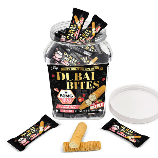 Dubai Bites 50MG D9 25MG & CBD 25MG minis each with Strawberry Cheesecake Cream & Crispy