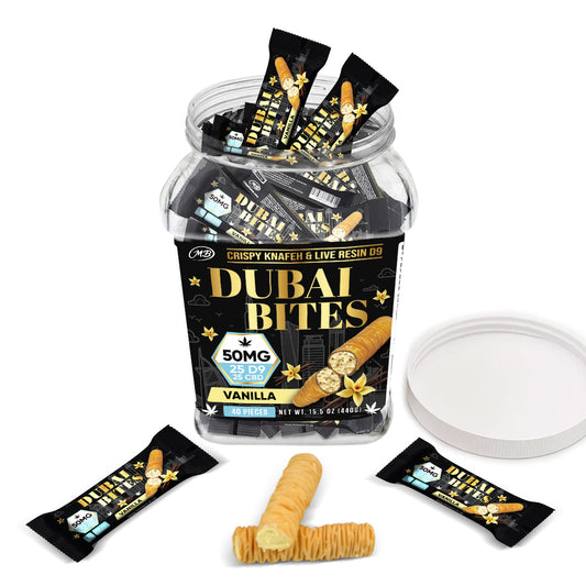 Dubai Bites 50MG D9 25MG & CBD 25MG minis each with Vanilla Cream & Crispy