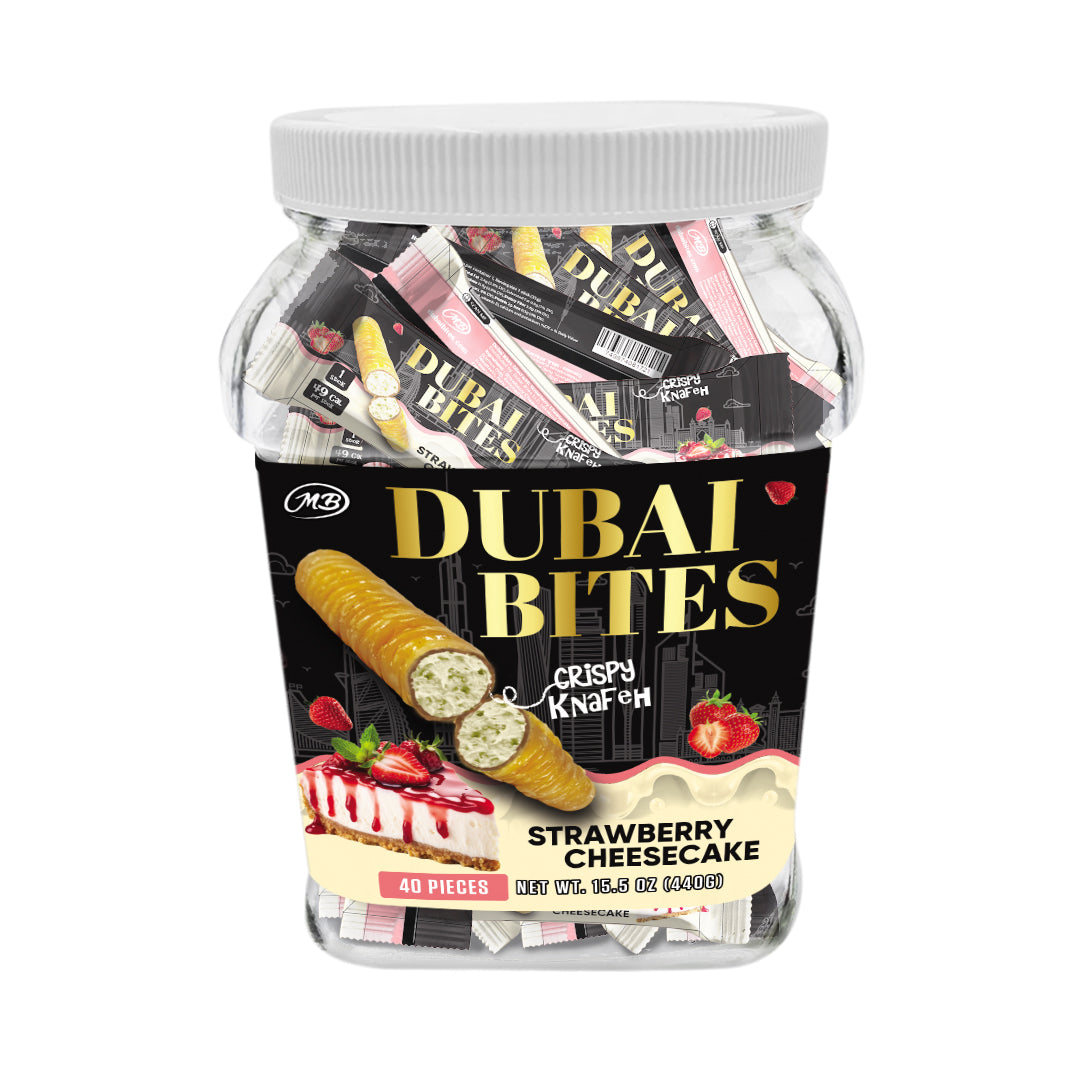 NON INFUSED DUBAI BITES MINIS with STRAWBERRY CHEESECAKE & CRISPY KATAIFI KHUNAFA