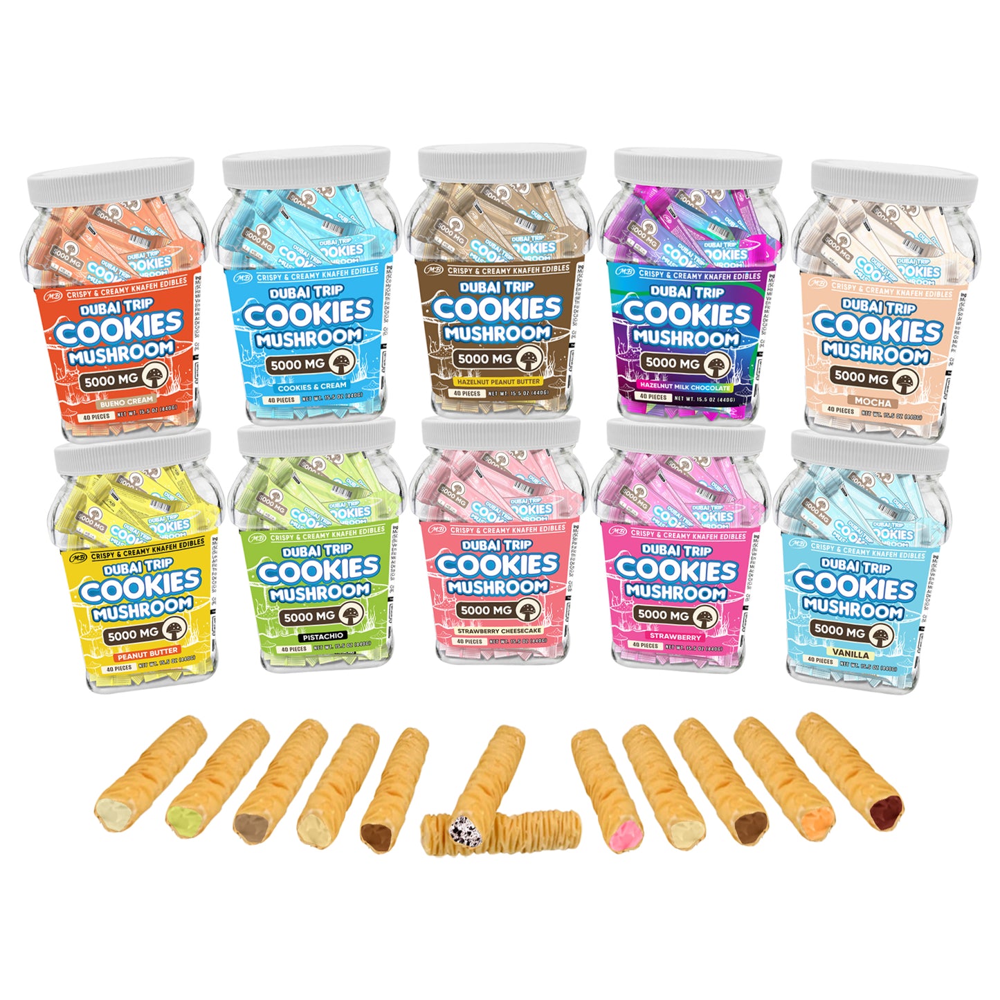 DUBAI COOKIES TRIP MUSHROOM 5000mg each with Cookies & Cream Crispy Blunts Cream Crispy Phyllo Dough