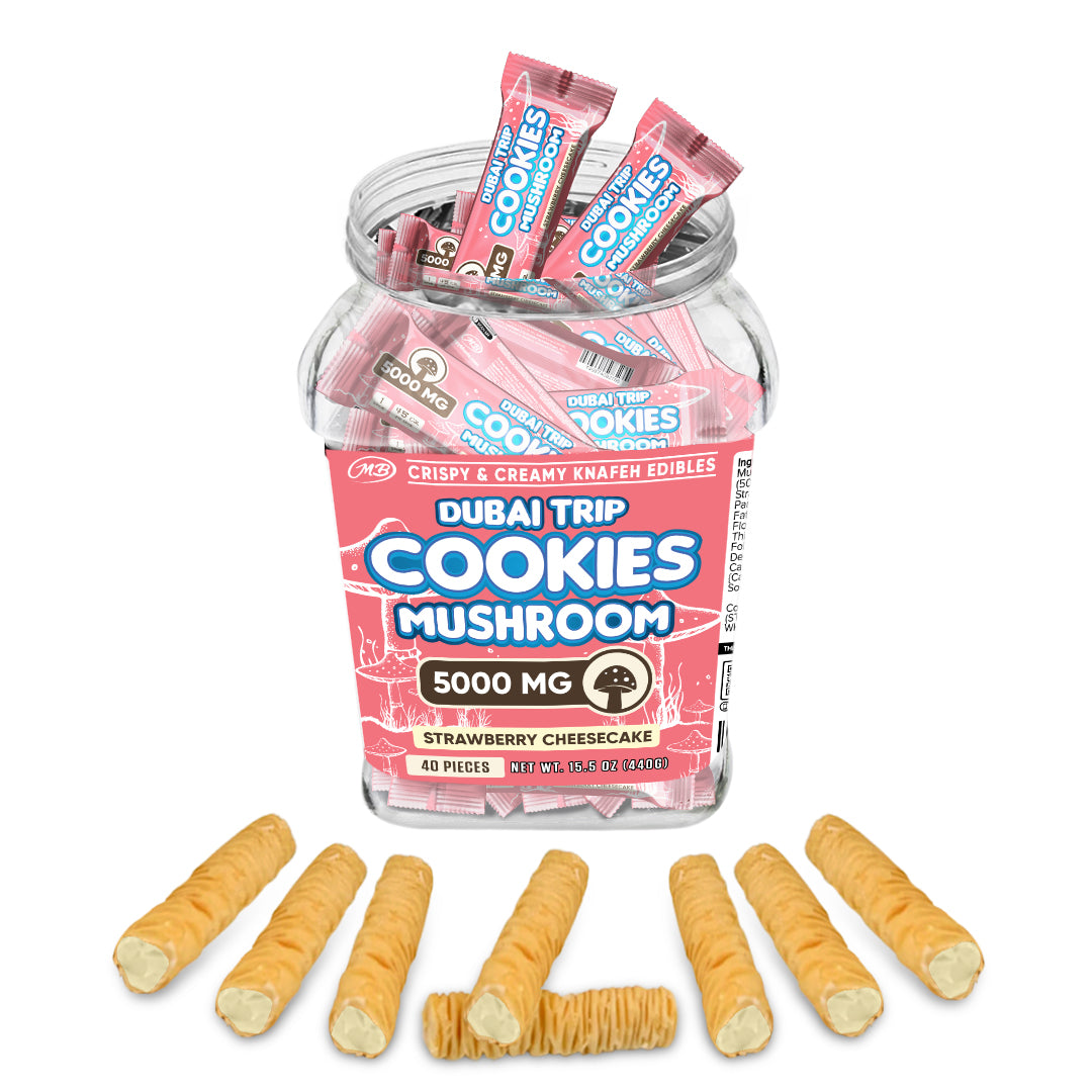 DUBAI COOKIES TRIP MUSHROOM 5000mg each with Strawberry Cheesecake Cream Crispy Blunts Cream Crispy Phyllo Dough