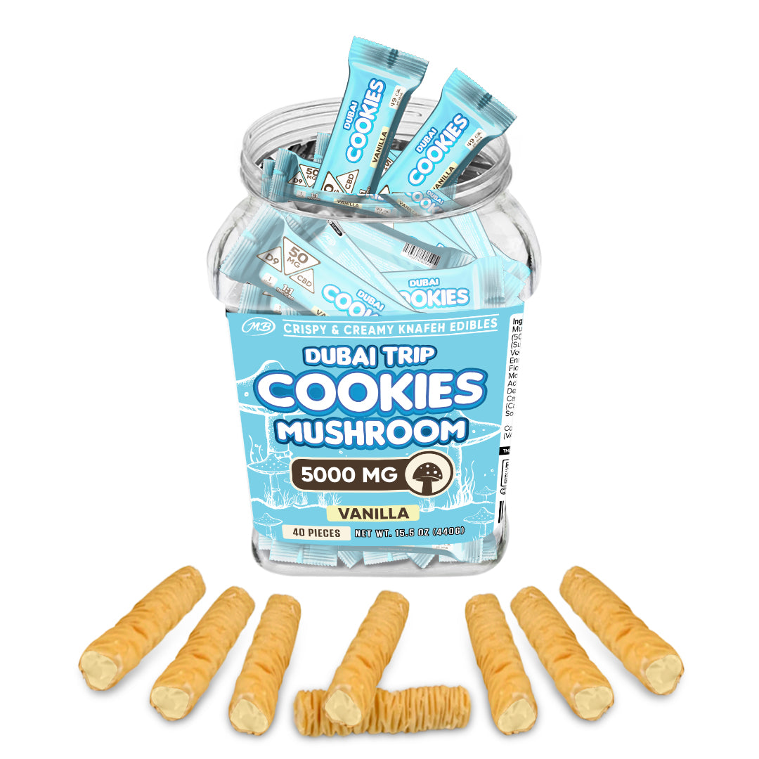 DUBAI COOKIES TRIP MUSHROOM 5000mg each with Vanilla Cream Crispy Blunts Cream Crispy Phyllo Dough