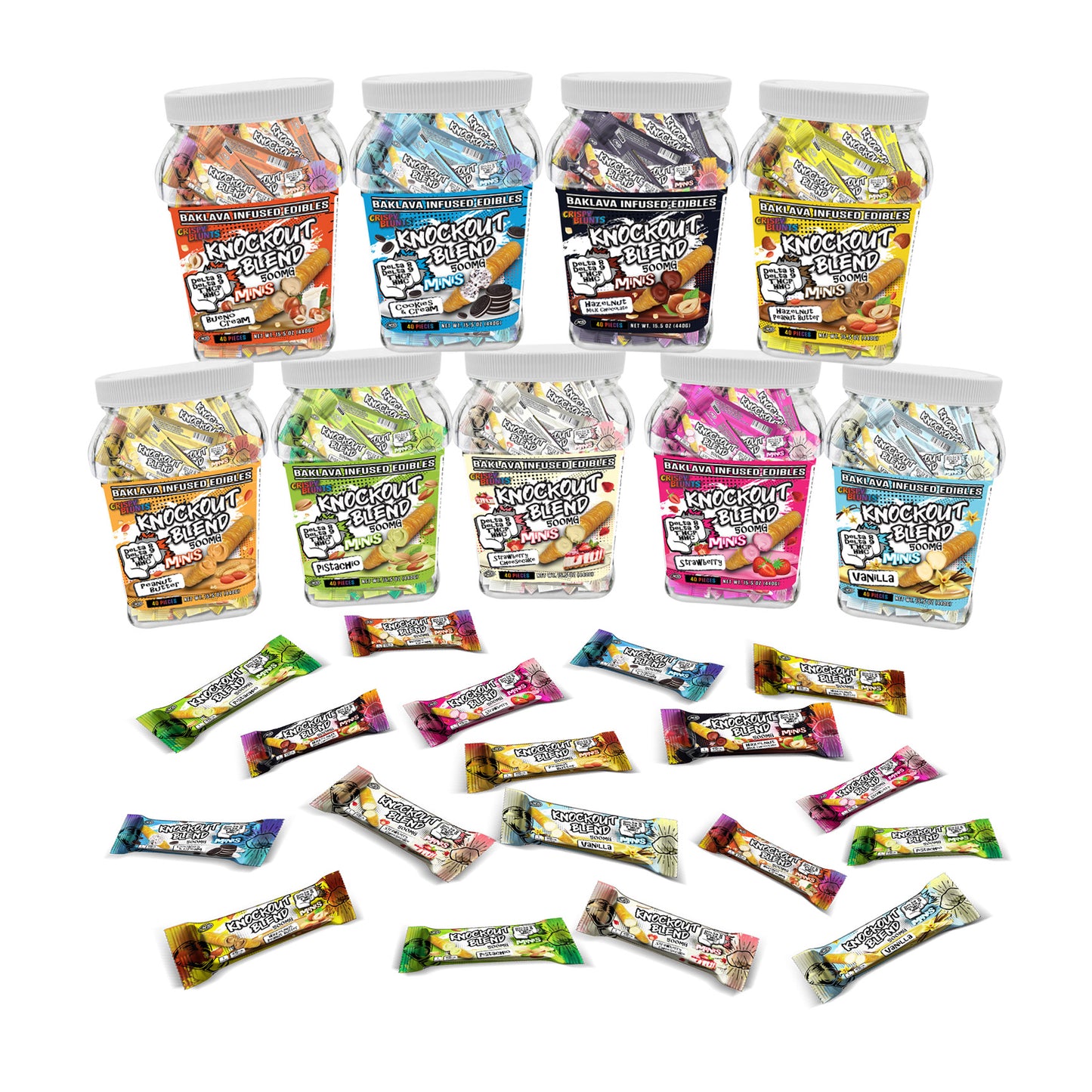 KO Knock Out minis 500mg each with Hazelnut Chocolate Peanut Butter Crispy Blunts Cream Crispy Phyllo Dough