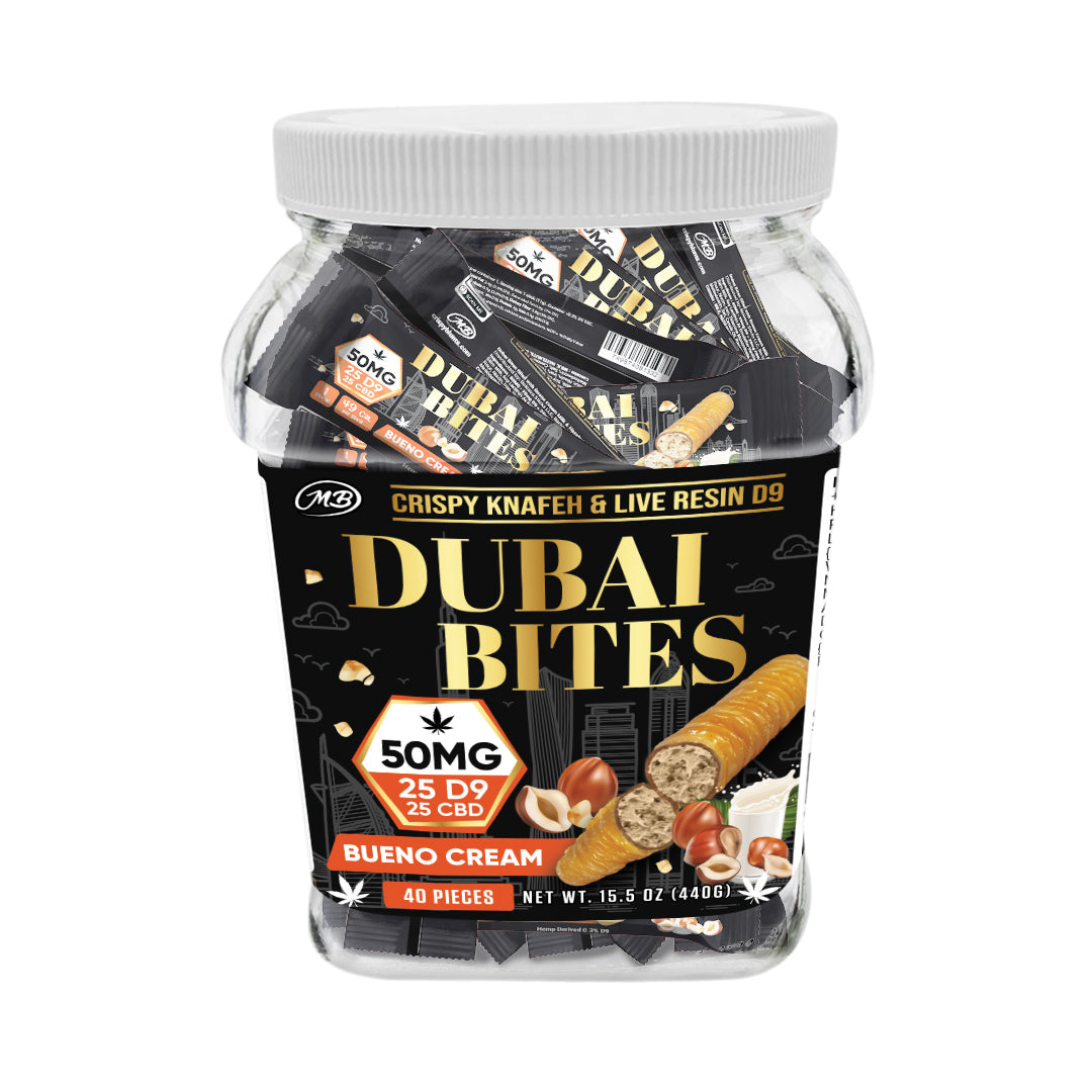 Dubai Bites 50MG D9 25MG & CBD 25MG minis each with Bueno Cream & Crispy