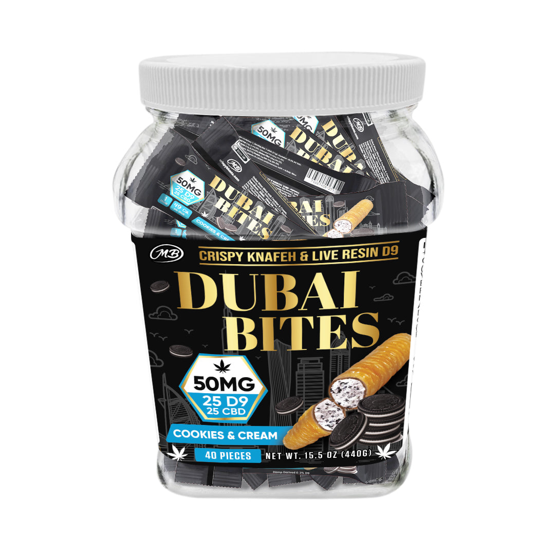 Dubai Bites 50MG D9 25MG & CBD 25MG minis each with Cookies & Cream