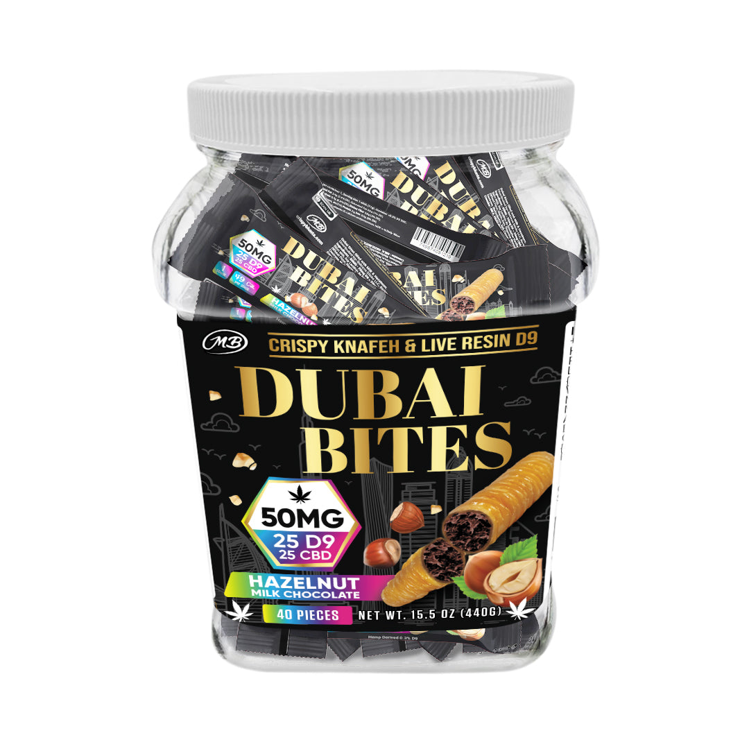 Dubai Bites 50MG D9 25MG & CBD 25MG minis each with Hazelnut Chocolate Cream & Crispy