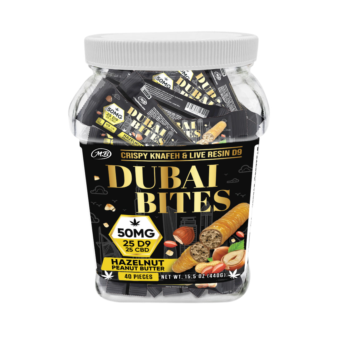 Dubai Bites 50MG D9 25MG & CBD 25MG minis each with Hazelnut Chocolate Peanut Butter Crispy Blunts Cream & Crispy