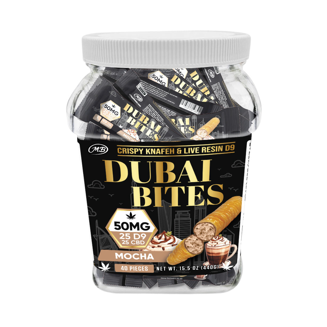 Dubai Bites 50MG D9 25MG & CBD 25MG minis each with Mocha Cream & Crispy