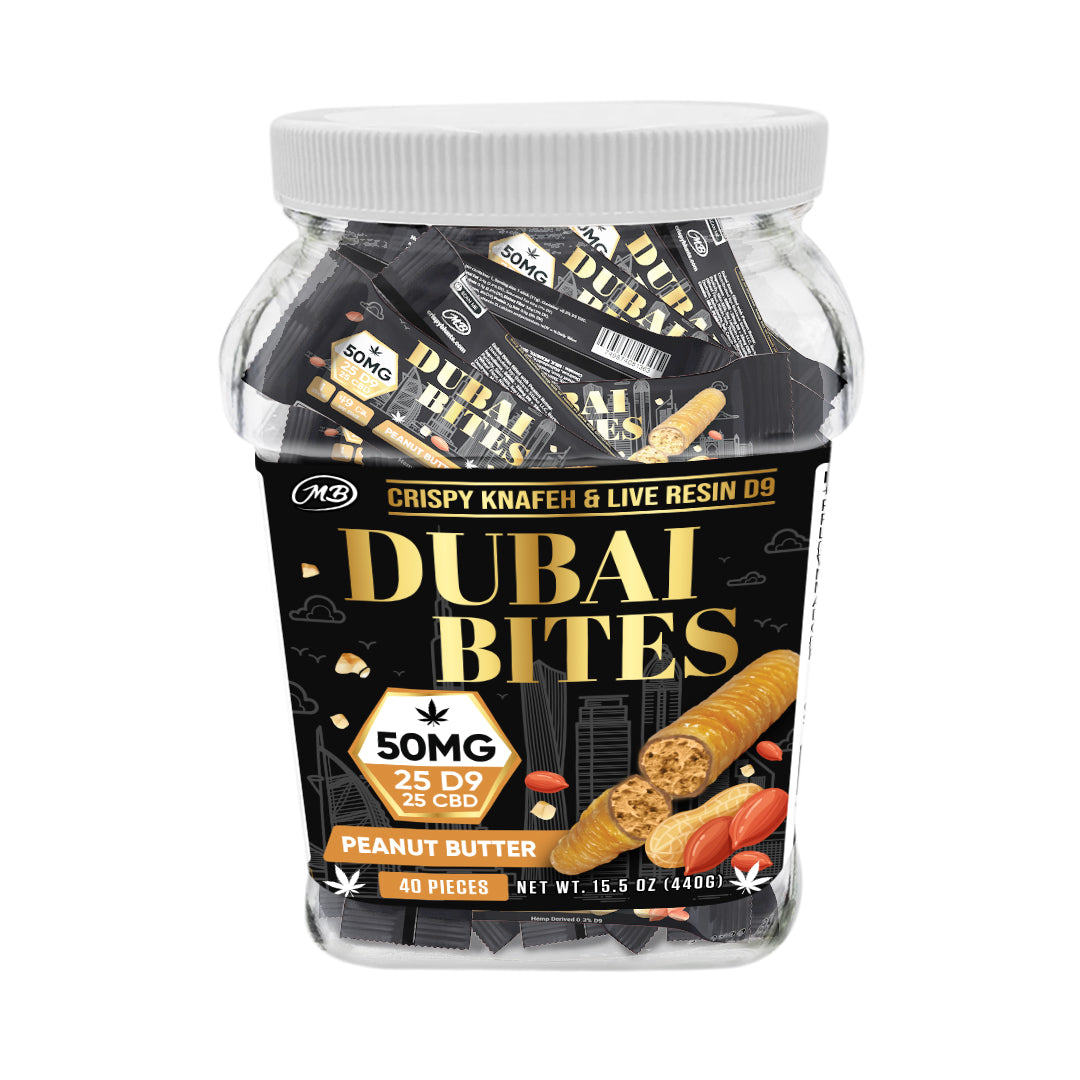 Dubai Bites 50MG D9 25MG & CBD 25MG minis each with Peanut Butter Cream & Crispy