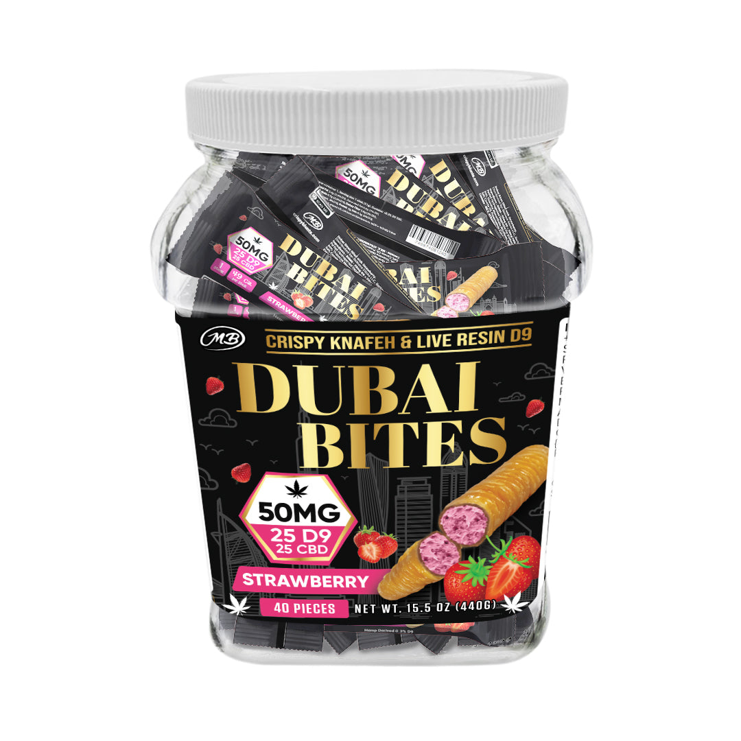 Dubai Bites 50MG D9 25MG & CBD 25MG minis each with Strawberry Cream & Crispy