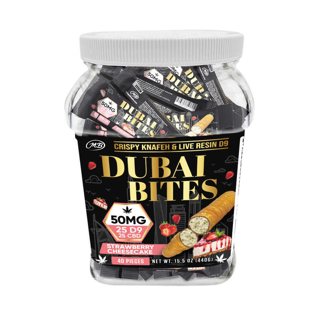 Dubai Bites 50MG D9 25MG & CBD 25MG minis each with Strawberry Cheesecake Cream & Crispy