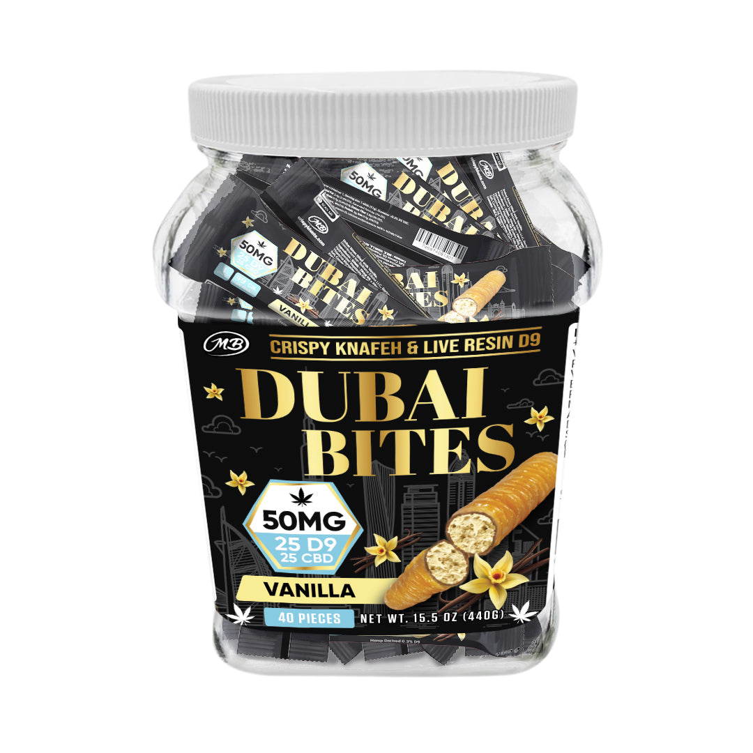 Dubai Bites 50MG D9 25MG & CBD 25MG minis each with Vanilla Cream & Crispy