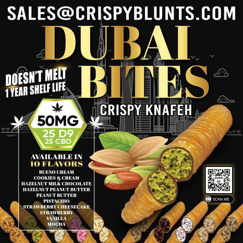 Dubai Bites 50MG D9 25MG & CBD 25MG minis each with Cookies & Cream Crispy Blunts Cream & Crispy