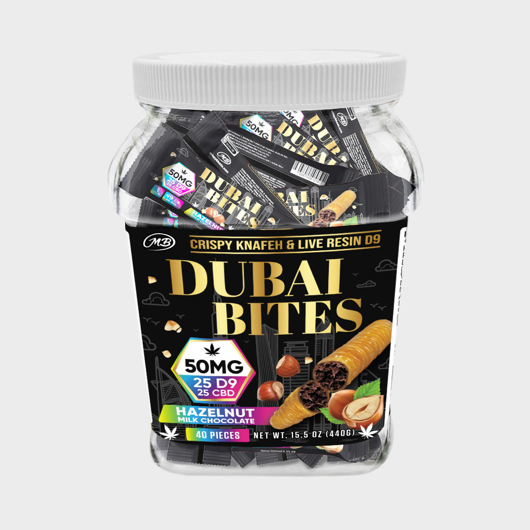 Dubai Bites 50MG D9 25MG & CBD 25MG minis each with Hazelnut Chocolate Crispy Blunts Cream & Crispy