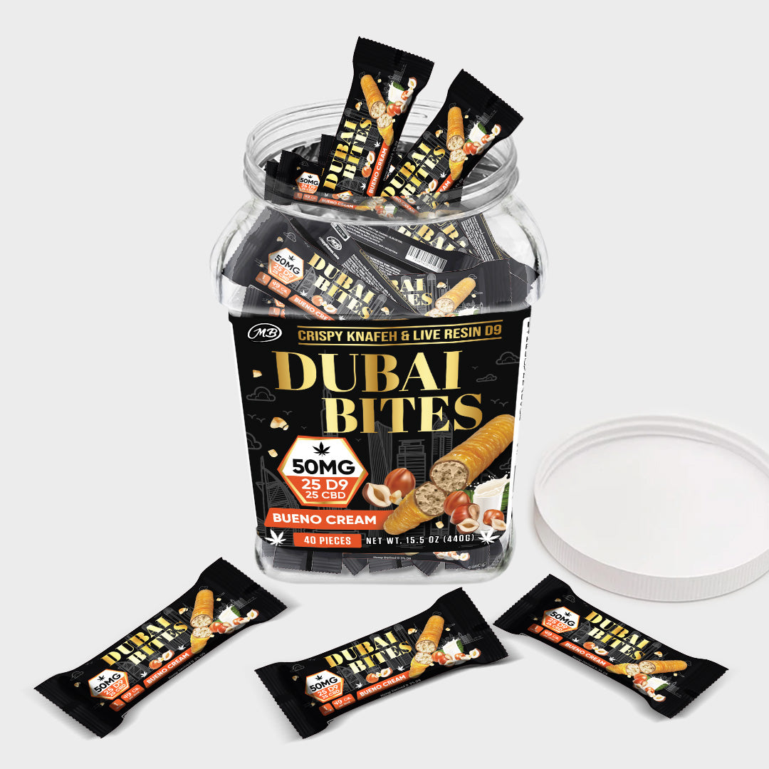 Dubai Bites 50MG D9 25MG & CBD 25MG minis each with Bueno Crispy Blunts Cream & Crispy