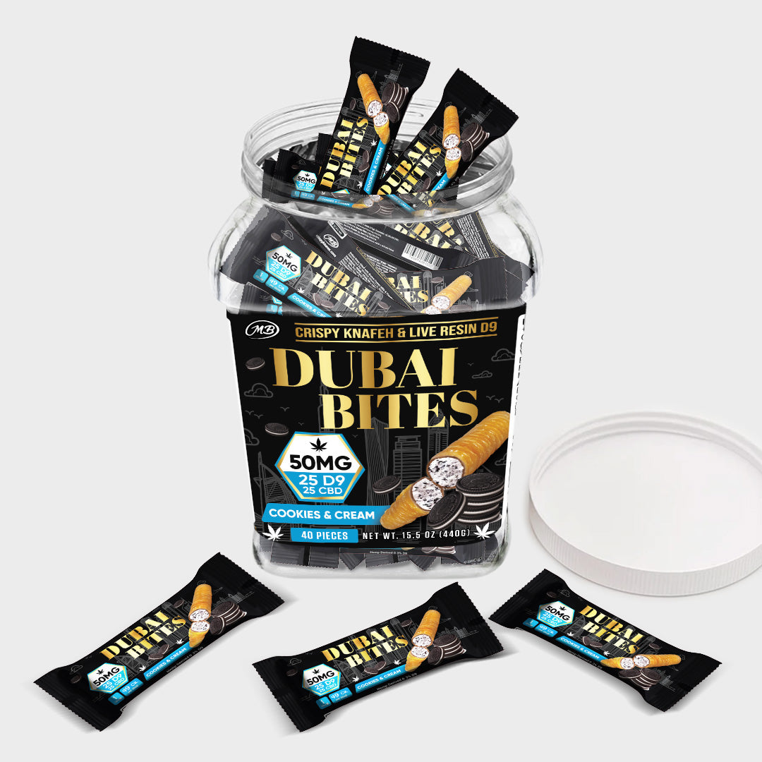 Dubai Bites 50MG D9 25MG & CBD 25MG minis each with Cookies & Cream Crispy Blunts Cream & Crispy