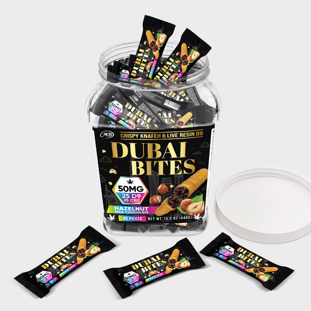 Dubai Bites 50MG D9 25MG & CBD 25MG minis each with Hazelnut Chocolate Crispy Blunts Cream & Crispy