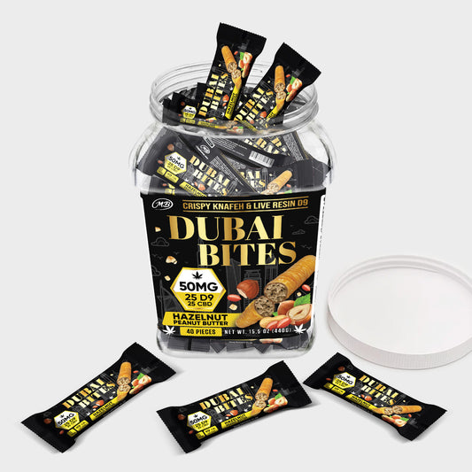 Dubai Bites 50MG D9 25MG & CBD 25MG minis each with Hazelnut Chocolate Peanut Butter Crispy Blunts Cream & Crispy