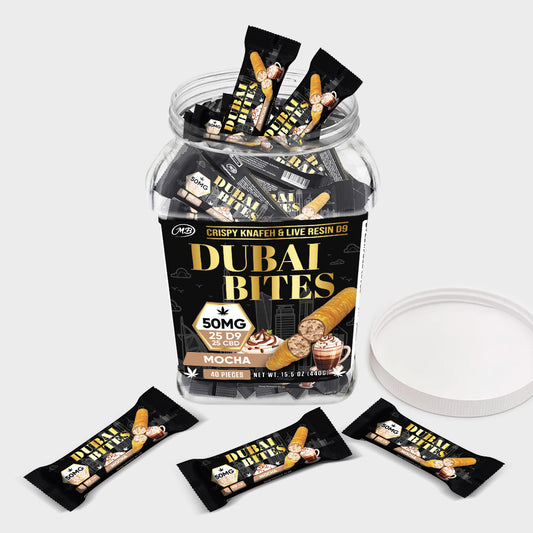 Dubai Bites 50MG D9 25MG & CBD 25MG minis each with Mocha Crispy Blunts Cream & Crispy