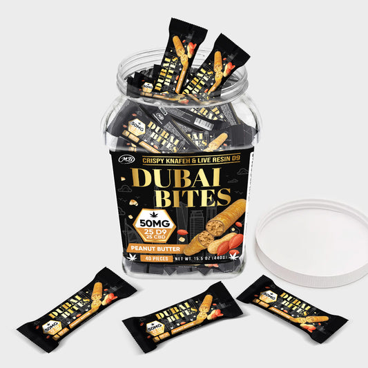 Dubai Bites 50MG D9 25MG & CBD 25MG minis each with Peanut Butter Crispy Blunts Cream & Crispy