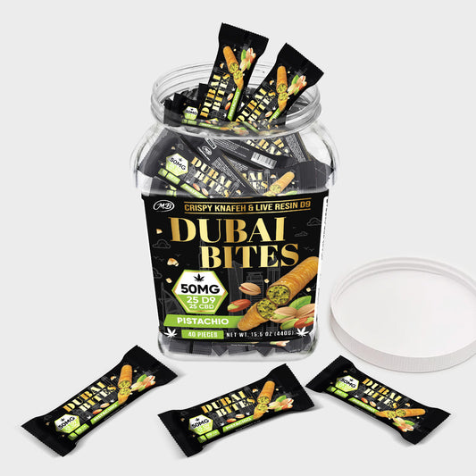 Dubai Bites 50MG D9 25MG & CBD 25MG minis each with Pistachio Crispy Blunts Cream & Crispy