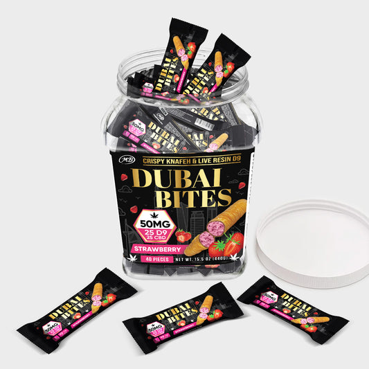 Dubai Bites 50MG D9 25MG & CBD 25MG minis each with Strawberry Crispy Blunts Cream & Crispy