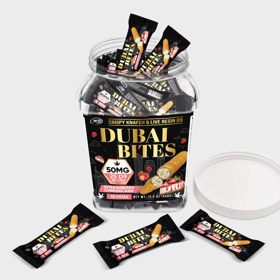 Dubai Bites 50MG D9 25MG & CBD 25MG minis each with Strawberry Cheesecake Crispy Blunts Cream & Crispy