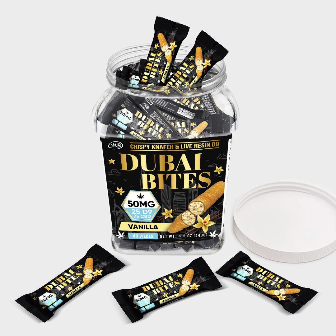 Dubai Bites 50MG D9 25MG & CBD 25MG minis each with Vanilla Crispy Blunts Cream & Crispy