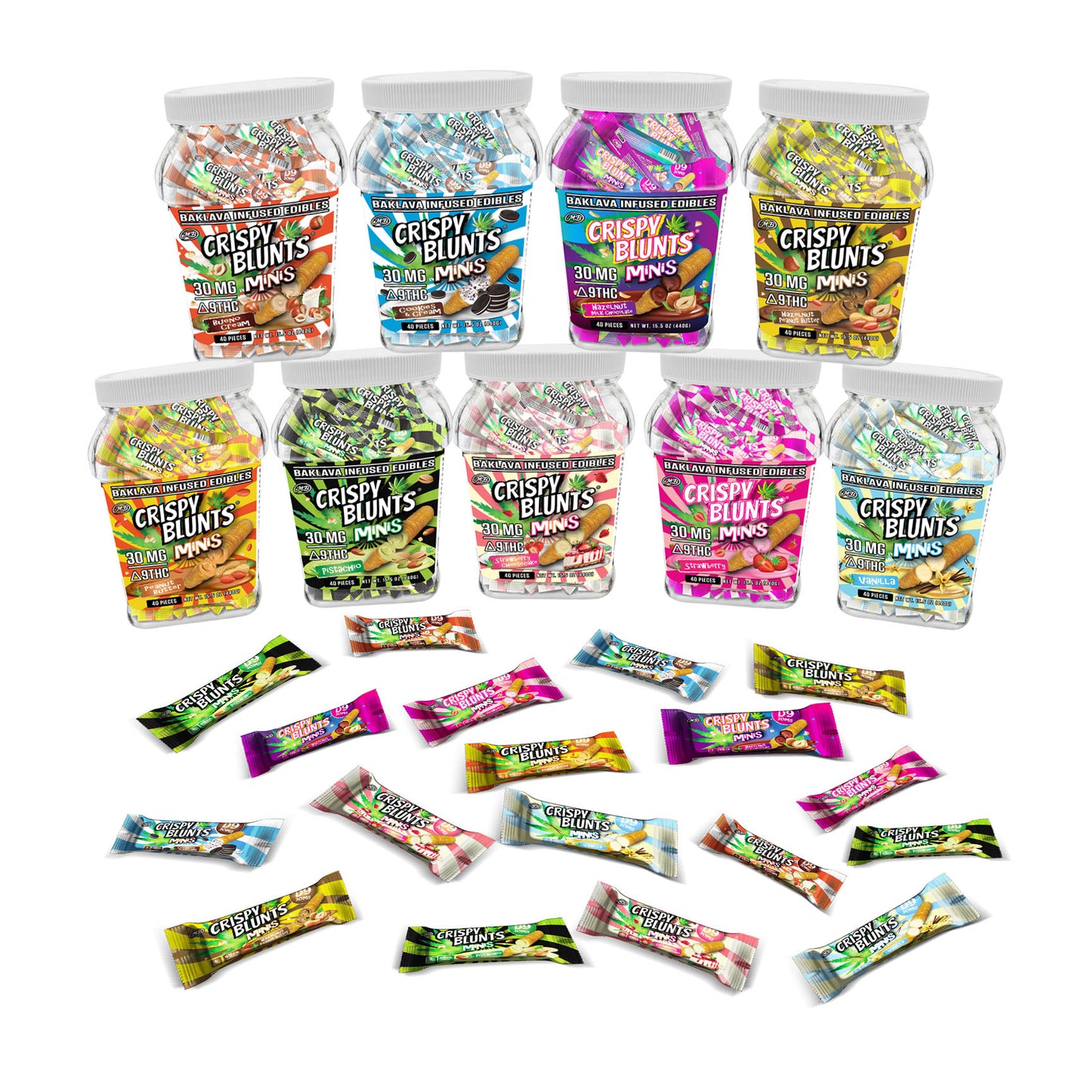 D9 minis 30mg each with Cookies & Cream Crispy Blunts Cream Crispy Phyllo Dough