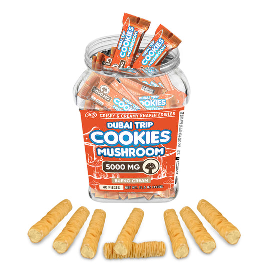 DUBAI COOKIES TRIP MUSHROOM 5000mg each with Bueno Cream Crispy Blunts Cream Crispy Phyllo Dough