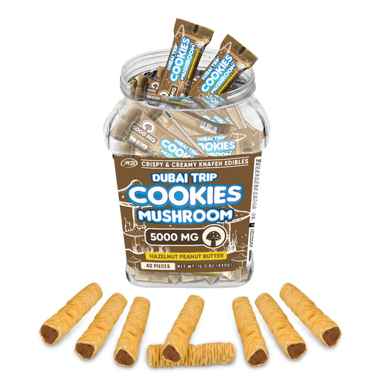 DUBAI COOKIES TRIP MUSHROOM 5000mg each with Hazelnut Chocolate Peanut Butter Cream Crispy Blunts Cream Crispy Phyllo Dough