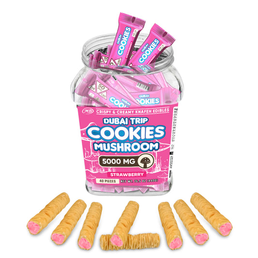 DUBAI COOKIES TRIP MUSHROOM 5000mg each with Strawberry Cream Crispy Blunts Cream Crispy Phyllo Dough