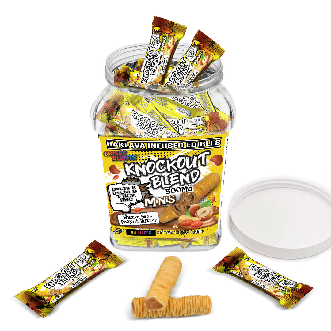 KO Knock Out minis 500mg each with Hazelnut Chocolate Peanut Butter Crispy Blunts Cream Crispy Phyllo Dough