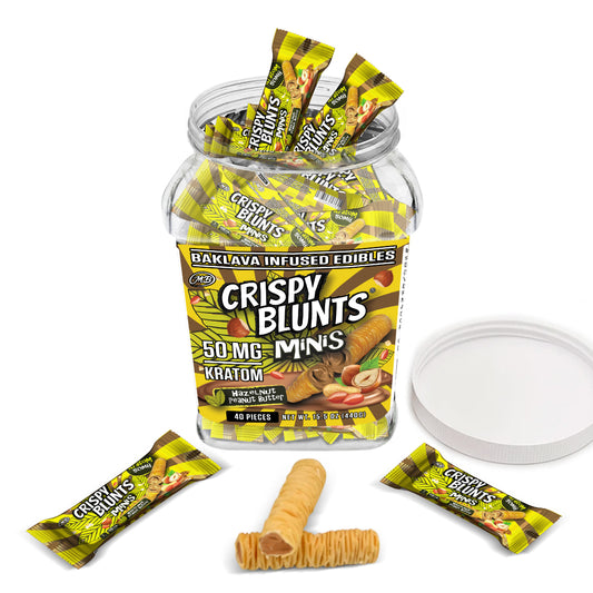 Kratom minis 50mg each with Hazelnut Chocolate Peanut butter Cream Crispy Blunts Crispy Phyllo Dough