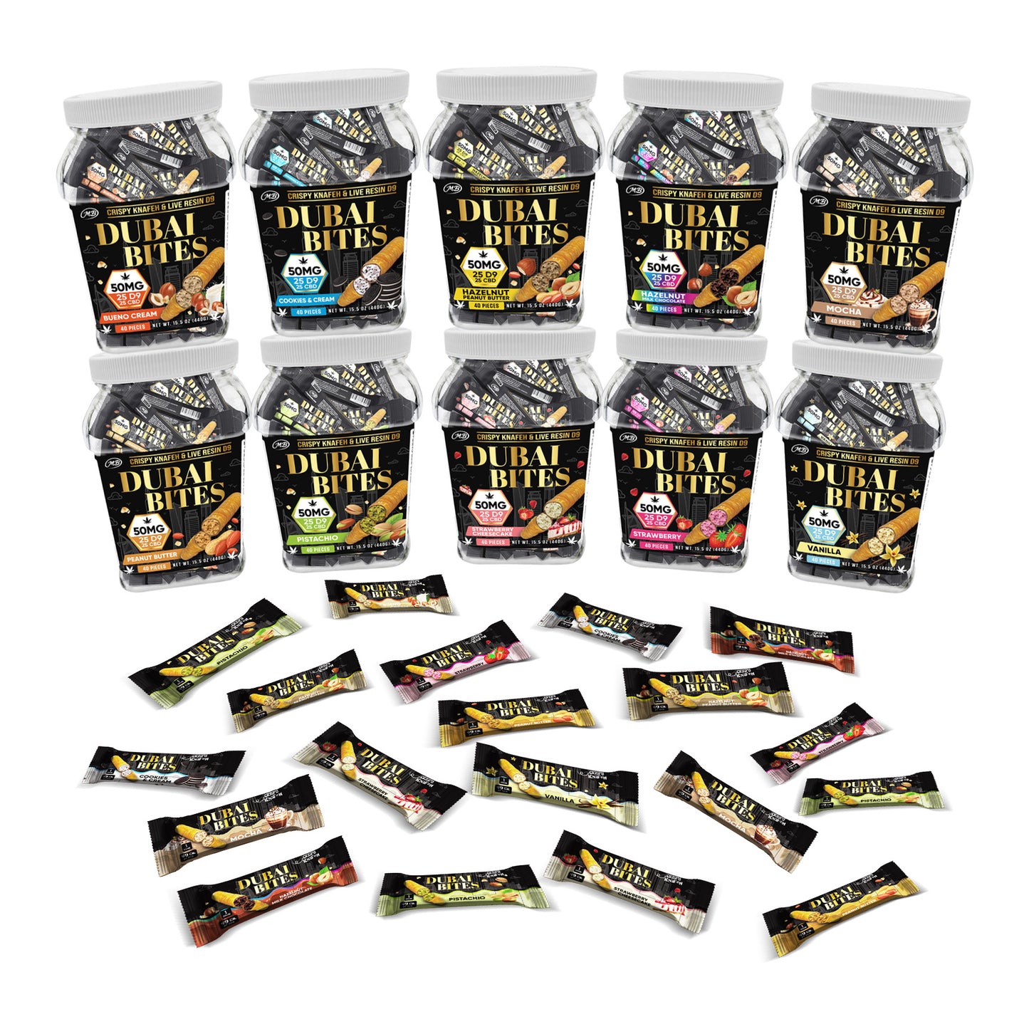 Dubai Bites 50MG D9 25MG & CBD 25MG minis each with Vanilla Cream & Crispy